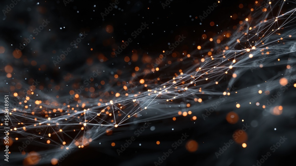 Poster intricate lines and dots creating a glowing abstract network on a dark background, symbolizing conne
