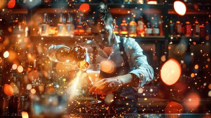 Bartender mixing drink in nightclub warm lighting and bokeh effects