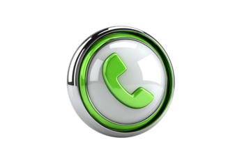 3D rendering of a shiny green phone icon on a white background.