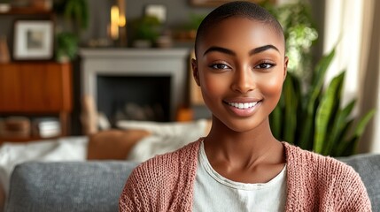Smiling woman, warm light, cozy interior