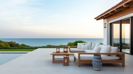 Obraz premium Ocean View Patio Modern Outdoor Furniture with Coastal Charm ,patio ,furniture