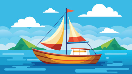Yellow Sailboat Illustration Sailing on Calm Blue Sea with Mountain Background and Clouds