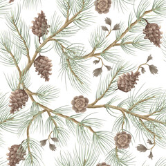 Vector Christmas seamless pattern with pine branches and cones. Vector.