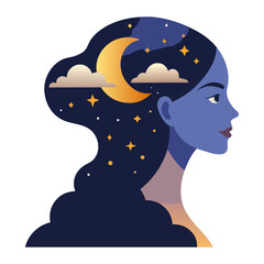 Side Profile of Woman Filled with Night Sky Stars Crescent Moon Soft Misty Edges Blending into Cosmic Clouds Dreamlike Mysterious