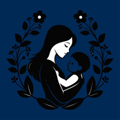 Silhouette of a Mother and Child Surrounded by Flowers in Tender Black and White Composition