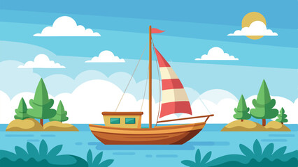 Cartoon Sailboat Sailing on Calm Blue Water with Island Trees and Sunny Sky © Brojendra