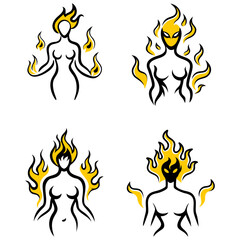 Mysterious Female Silhouette Made of Flickering Flames and Rising Smoke Trails with Glowing Eyes and Embers