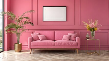 Serene Interior: A beautifully designed living space, featuring a pink sofa set against a matching wall, complemented by carefully selected decor and accents. The atmosphere is inviting and stylish.