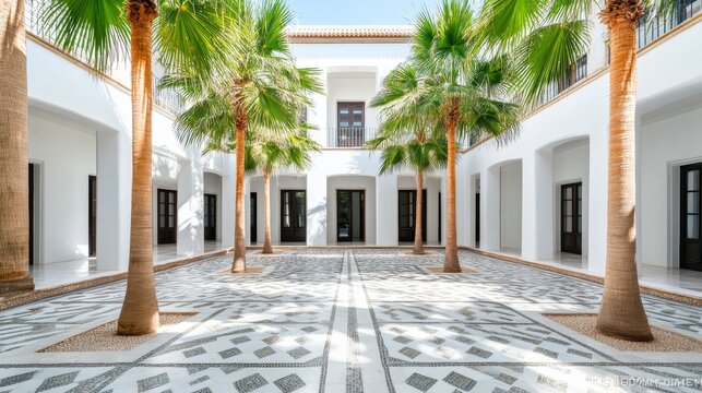 Palm Trees in White Building Courtyard with Mosaic Floor, Architecture, Travel
