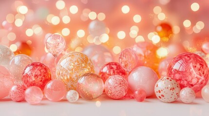 Spheres in soft peach, pink hues, bokeh backdrop