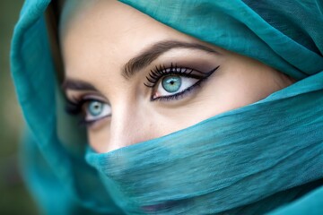 Fototapeta premium Close up of a woman with blue eyes and a turquoise colored scarf