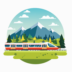 a vector depicting a modern train, isolated against the backdrop of forests and mountains