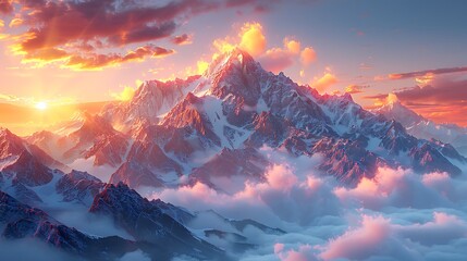 A majestic mountain range covered in snow under a vibrant sunset sky with clouds