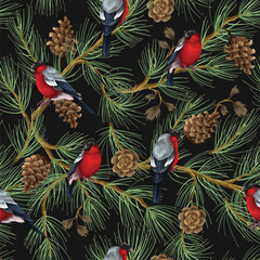 Vector seamless Christmas pattern with birds, bells and branches. Vector.