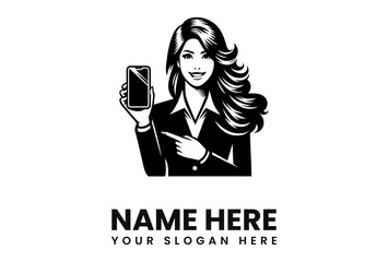 Smiling businesswoman showcases smartphone, elegant black and white logo design.