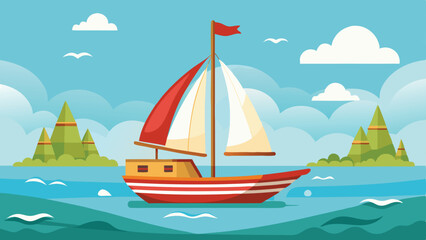 Naklejka premium Cartoon Sailboat Sailing on Calm Blue Water with Island Hills and Clouds