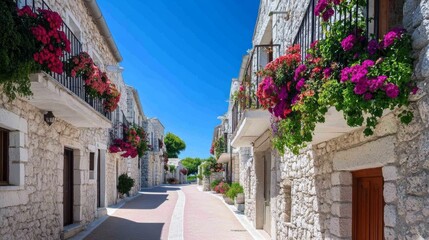 Fototapeta premium Stone Alleyway with Floral Balconies and Clear Blue Sky, Europe, Architecture