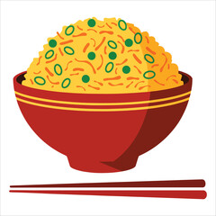 Fried rice bowl vector with chopsticks. Asian food illustration for restaurant menus and delivery themes.