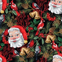 Seamless vector pattern featuring Santa Claus faces, red cardinals, bullfinches, golden bells, pine branches, cones, holly leaves, berries, and red twigs.