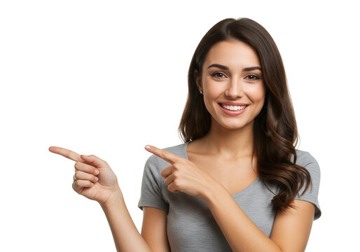 Smiling woman pointing left and right isolated on transparent background