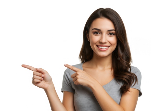 Smiling woman pointing left and right isolated on transparent background