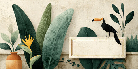 Fototapeta premium Colorful tropical illustration featuring lush green leaves, vibrant flowers, and a toucan perched on a branch, ideal for nature-themed designs and creative projects