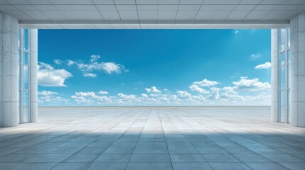 construction, architecture and building concept - airport terminal empty room over blue sky and clouds background, no logos, no brands