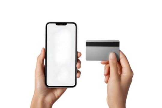 Hands holding smartphone and credit card for online payment.