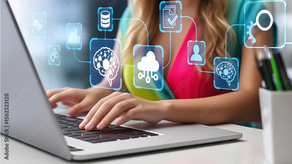 Poster ai and api automation for data transfer through system integration: businessman managing intelligent