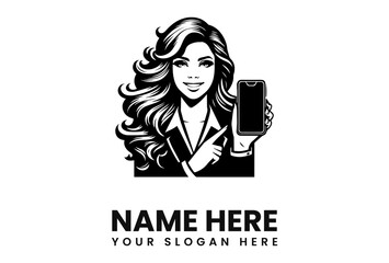 Illustration of a smiling woman in a suit holding up a smartphone, with space for a name and slogan.
