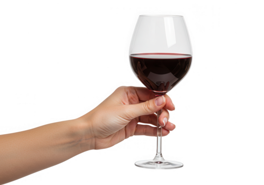 Hand holding glass of red wine isolated on transparent background