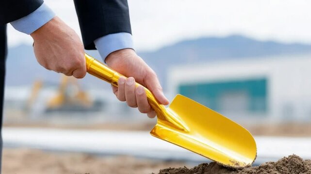 Gold ceremonial spade used for groundbreaking ceremony People participating in construction project Event marks start of new development Construction project begins at outdoor location