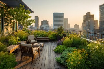Rooftop garden with wooden furniture  city backdrop lush greenery  diverse plants fill the foreground creating a tranquil urban oasis