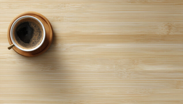 Photo of a cup of coffee on a wooden table seen from a top down perspective - Powered by Adobe