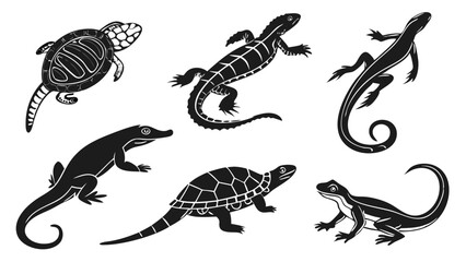 Collection of Reptile Silhouettes – Snakes, Lizards, and Turtles in Natural Poses Isolated on White Background for Wildlife, Nature, and Zoology Designs