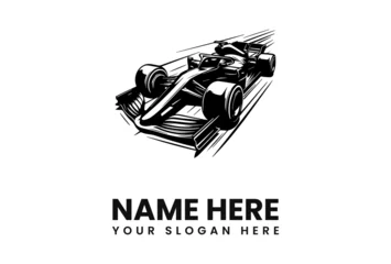 Fotobehang F1 Black and white illustration of a Formula 1 race car speeding forward.  © Popvectordesign