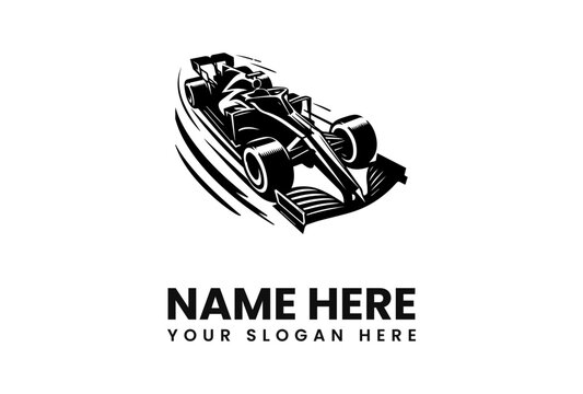 Dynamic black and white illustration of a Formula 1 race car speeding around a corner.