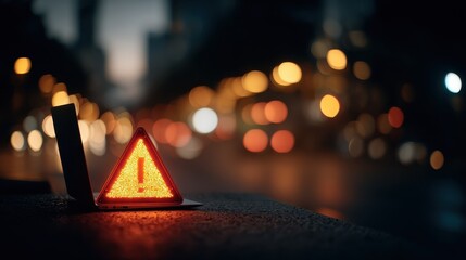 Red illuminated upload warning sign near laptop computer at night with warm bokeh lights background data.