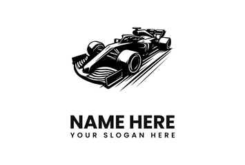 Black and white illustration of a Formula 1 race car speeding along a track.