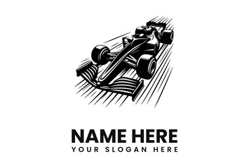 Obraz premium A stylized black and white illustration of a Formula 1 race car speeding along a track, perfect for a racing team logo.