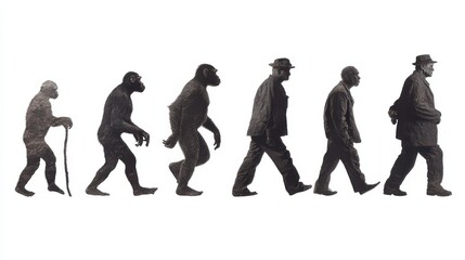 Silhouettes illustrate the evolution of humans highlighting key stages from early hominids to modern man. The artwork conveys the journey transformation and progress of humanity.