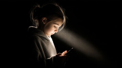 Young girl with smarthphone in the dark, light stream from phone to the face. Internet cyber danger and for kids and teenagers due to social media platforms.