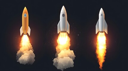 Naklejka premium 3D render showcases a rocket launching with fiery exhaust and billowing smoke against a dark backdrop.