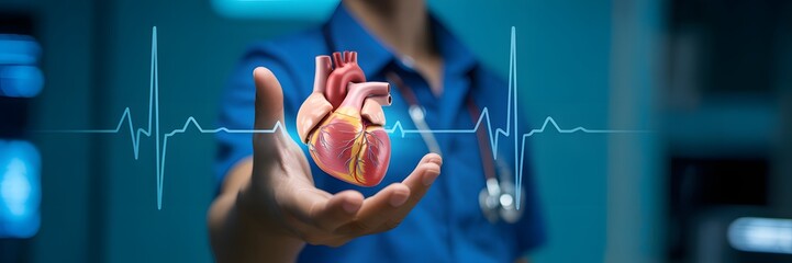 Doctor in blue scrubs holding anatomical heart model with ECG waveform, representing cardiology, heart health, and professional medical care
