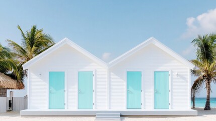 White Beach Huts, Turquoise Doors and Palms, tropical , architecture