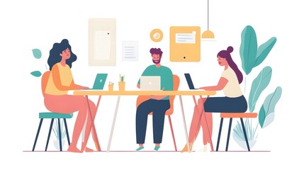 Digital illustration of three colleagues collaborating around a table in a bright, plant-filled office space.