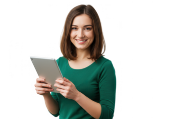 Young woman smiling holding a tablet isolated on transparent background