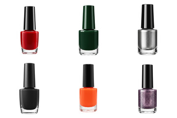 Obraz premium Set of different colors nail polish – deep green, glitter, matte black, metallic silver, neon orange, and red glossy polish in professional product photography style on a transparent background