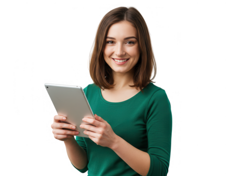 Young woman smiling holding a tablet isolated on transparent background