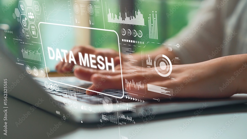 Poster business professional typing on laptop with data mesh concept overlay and analytics visualizations f